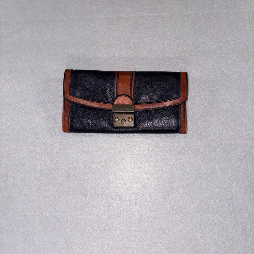 Fossil Vintage Reissue Black Brown Leather Trifold Push Lock Wallet